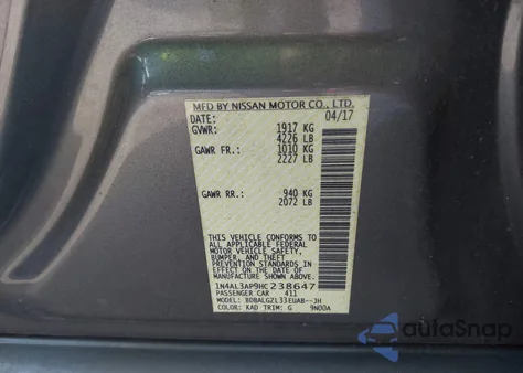 2017 Nissan Altima 2.5 S из США, поврежденный, VIN 1N4AL3AP9HC238647